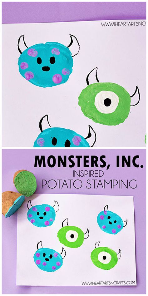 Monsters Inc Crafts, Potato Stamping, Disney Crafts For Kids, Disney Activities, Potato Stamp, Monster Crafts, Daycare Crafts, Fun Craft, Camping Crafts