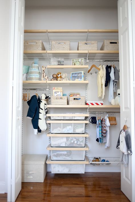 Container Store Closet, Elfa Closet, Baby Closet Organization, Organization Closet, Nursery Closet, Kids Closet Organization, Diy Bebe, Baby Closet, Kid Closet