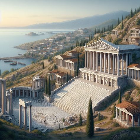 Ancient Greek Buildings, Witch Inspiration, Greek Buildings, Fantasy Buildings, Fantasy Cities, Greek Town, Ancient Greek City, Warrior Concept Art, Architecture Design Sketch