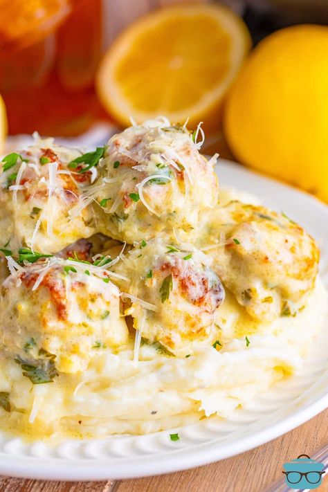 Chicken Piccata Meatballs - The Country Cook Allrecipes Chicken Piccata Meatballs, Chicken Picatta Meatballs Allrecipes, Chicken Piccata Meatballs, Chicken Burger Patties, Bacon Wrapped Meatballs, Honey Garlic Meatballs, Eat More Chicken, Tender Meatballs, Chicken Meatball