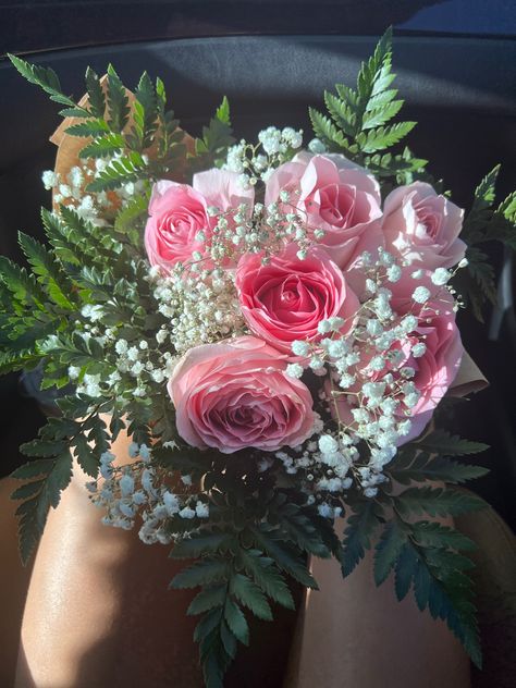 pink rose boquet with baby breath White And Pink Flowers Bouquets, Prom Flowers Pink Dress, Pink Roses With Baby Breath, Pink Roses And Baby Breath Bouquet, Pink Baby’s Breath, Light Pink Prom Bouquet, Baby’s Breath Flowers, Rose And Baby Breath Bouquet, Flower Bouquet Baby Breath