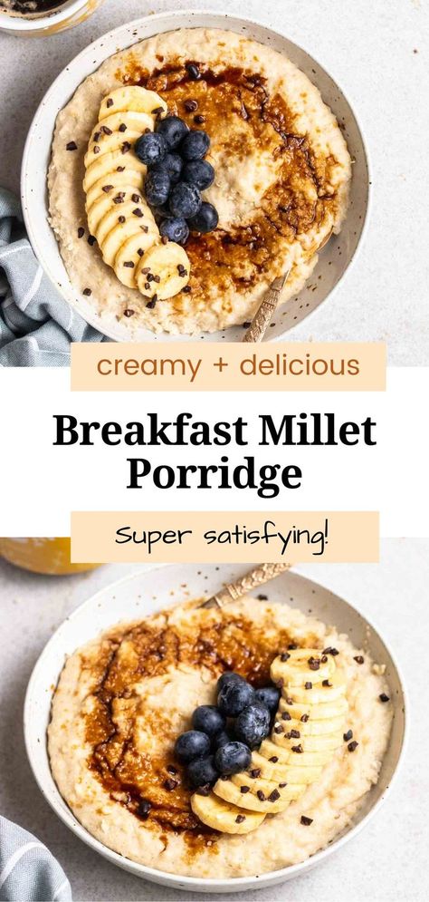 Start your day off with a bowl of creamy and comforting millet porridge! It is packed with fiber, nutrient-dense, and super satisfying. A versatile base that can be served with various toppings. Millet Recipes Breakfast, How To Cook Millet, Millet Breakfast, Millet Porridge, Breakfast Porridge, Millet Recipes, Healthy Vegan Breakfast, Porridge Recipes, Vegan Bacon