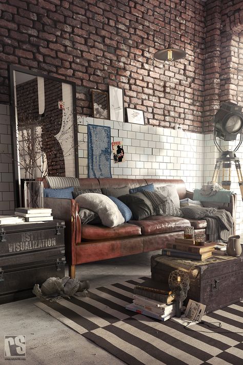 Loft RS on Behance Rustic Industrial Living Room, Industrial Living Room Design, Industrial Living Room, Loft Interior, Stone Interior, Industrial Living, Industrial Livingroom, Loft Living, Style Loft