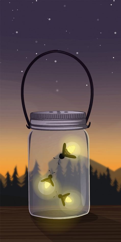 Jar Of Fireflies, Firefly Drawing, Nature Drawing Ideas, Firefly Painting, Fly Drawing, Fireflies In A Jar, Firefly Art, Forest Drawing, Iphone Lockscreen Wallpaper