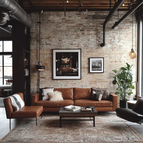 10 Industrial Living Room Ideas: Create a Cozy Yet Stylish Space with Raw Materials and Vintage Finds | Florgeous Industrial Living Room Fireplace, Industrial Style Living Room Ideas, Brick Wall Living Room Ideas, Warm Industrial Living Room, Cozy Industrial Living Room, Industrial Design Living Room, Social Space Design, Industrial Living Room Ideas, Hamptons Living Room