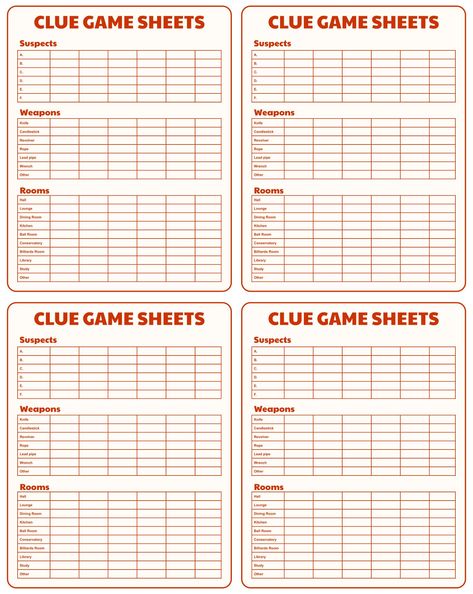 Clue Game Sheets Printable Clue Score Sheets Free Printable, Clue Sheets Free Printable, Printable Clue Game Sheets, Clue Cards Printable, Clue Game Printables, Clue Game, Detective Party, Spooky Dinner, Clue Party