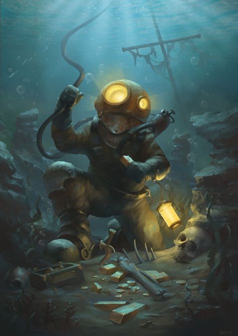 Scuba Diving Deep Sea Diver Art, Diver Art, Bioshock Art, Deep Sea Diver, Deep Sea Diving, Underwater Scene, Theme Tattoo, Underwater Art, Leagues Under The Sea