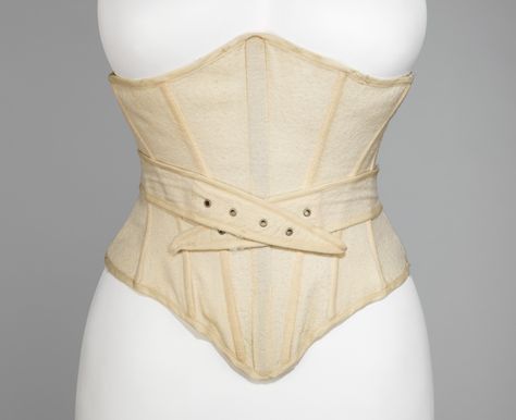 Beachwear/Bathing Corset: ca. 1902, American, wool, bone, metal. "Therefore, a corset was often required, even while bathing, which, along with an increased participation of women in other sporting activities, led to a burst of inventiveness in corset shapes and types to accommodate every possible activity. This example of a bathing corset is lightly boned, fairly non-restrictive and made of wool, as were many bathing suits of the time." Swimming, Wool, Art