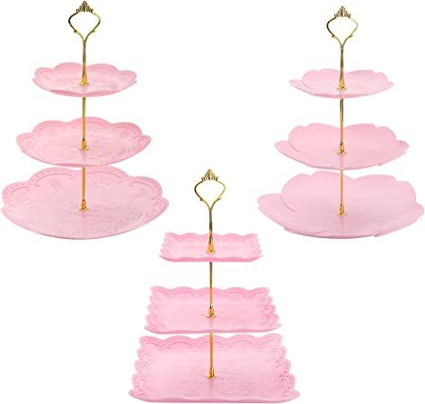 Amazon.com: Tosnail 3 Pack 3 Tiers Plastic Cupcake Stand Dessert Stand Tiered Serving Trays with Gold Rod Candy Pastry Holders for Baby Shower, Wedding and Party - Pink : Home & Kitchen Spa Party Foods, Tiered Serving Stand, Cupcake Tier, Plastic Serving Trays, Cake Stand Set, Flower Tray, Pink Plates, Serving Stand, Baby Shower Tea