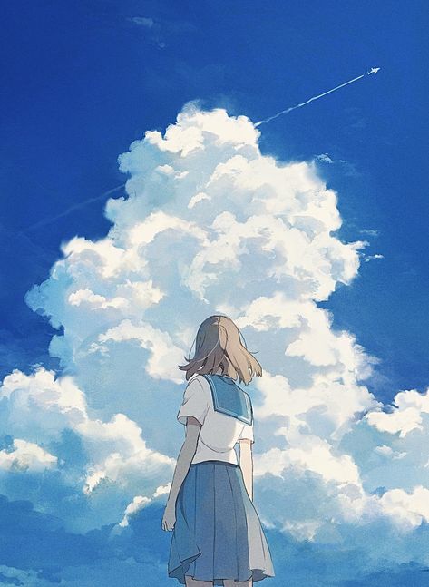 Sky Anime, Summer Illustration, Illustration Art Drawing, 수채화 그림, Landscape Drawings, Digital Art Anime, Digital Art Illustration, Anime Character Drawing, Anime Poses Reference