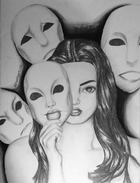 Girl with masks by @drawingart_ros on Instagram #art #drawing Masked Face Drawing, Two People Laughing Drawing, Face Mask Drawing Art, Mental Health Artists Gcse, Person With Mask Drawing, Hand Over Face Drawing, Behind The Mask Art, Two Faces Drawing, Two Faced Drawing