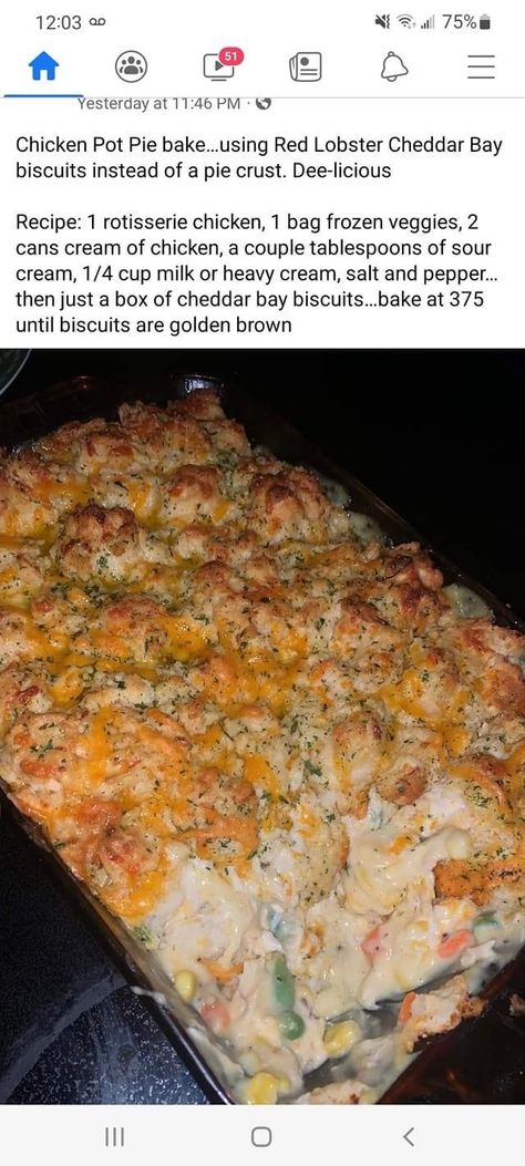 Chicken Pot Pie Bake, Pot Pie Bake, Red Lobster Biscuits, Cheddar Bay Biscuits, Fall Dinner Recipes, Red Lobster, Fall Dinner, Easy Casserole Recipes, Chicken Dishes Recipes