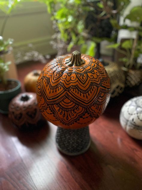 Decorative Pumpkin, Henna, Halloween, Autumn, Thanksgiving Decor - Etsy Halloween Diwali Decorations, Diwali Halloween, Diwali Pumpkin, Diwali And Halloween Decor, Diwali Pumpkin Carving Ideas, Aesthetic Diwali Mehendi Designs, Diwali Pumpkin Painting, Henna Pumpkin, Whimsigoth Pumpkin