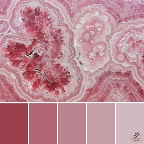 Colour Palette from pink Rhodochrosite Rhodochrosite Aesthetic, Rhodochrosite Crystal, Colour Therapy, Color Meanings, Pink Gem, Crystal Meanings, Color Blending, Color Therapy, Crystal Gems