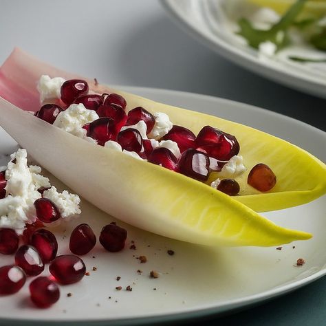 Endive Recipe with Goat Cheese and Pomegranate - Instacart Goat Cheese Pomegranate Appetizer, Goat Cheese And Date Appetizer, Endive Goat Cheese Appetizers, Grilled Endive Recipes, Endive Appetizers Boats, Endive Recipes, Light Appetizers, Goat Cheese Recipes, Pomegranate Seeds