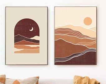 Mid century modern art printable wall art / Boho by WOWprintdesign Helios Art, Ninetales Pokemon, Flat Landscape, Sun And Moon Print, Student Room, Minimal Painting, Boho Prints, Boho Painting, Brown Painting