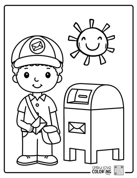 Boy mailman holding letter by mailbox free mailman coloring pages simplylovecoloring.com Mailman Crafts Preschool, Mail Carrier Preschool, Mail Carrier Craft, Mailman Crafts, Community Helpers Printables, Community Helpers Preschool Crafts, Community Helper Lesson, Community Helpers Preschool Activities, Easy Math