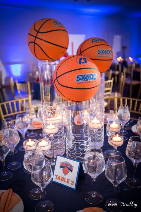 All Star Centerpieces Sport Theme, Elegant Sports Themed Party, Basketball Theme Table Centerpieces, Espn Birthday Party Theme, Sports Gala Decoration Ideas, Basketball Table Centerpieces, Sport Banquet Centerpieces, Basketball Banquet Centerpieces, Senior Serve Table Ideas