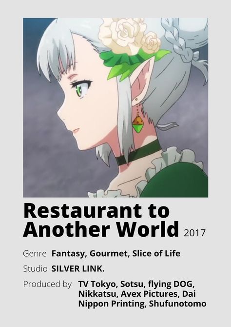 Restaurant From Another World Anime, Restaurant To Another World Anime, Cartoon To Watch, Restaurant To Another World, Anime Info, Historical Anime, Poster Information, Anime Minimalist Poster, Japanese Animated Movies