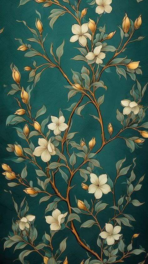 Vintage wallpaper flower backgrounds pattern. | premium image by rawpixel.com / Boom Green Gold Background, Iphone Wallpaper Pastel, Iphone Wallpaper Dark, Background Nature, Dark Green Background, Wallpaper Flower, Flower Iphone Wallpaper, Wallpaper Pastel, Gold Background