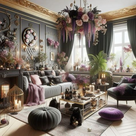 Modern Goth Apartment, Floral Goth Aesthetic, Cozy Goth Home, Goth Boho Decor, Dream Home Aesthetic, Modern Goth Home, Hollywood Living Room, Tattoo Room, Goth Apartment