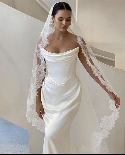 Bride Veil Aesthetic, Wedding Dress With Wrist Loop, Silk Wedding Dress With Cathedral Veil, Modern Cathedral Veil, Silk With Lace Wedding Dress, Satin Dress Lace Veil, Regal Wedding Veil, Simple Dress With Veil, Romantic Silk Wedding Dress