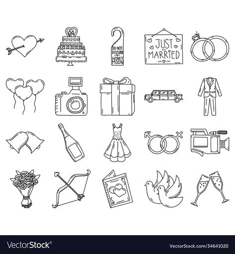 Wedding Icons Illustration, Wedding Icons Free, Wedding Outline, Wedding Doodles, Wedding Symbols, Stick Drawings, Wedding Icon, Hand Drawn Wedding, Icon Style