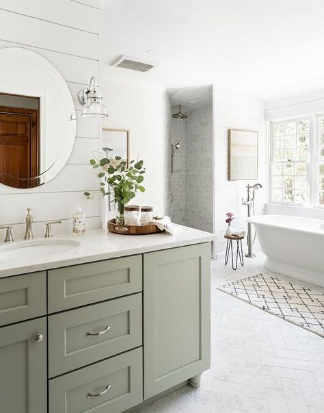 Could This Be Your Dream Bathroom? - Town & Country Living Sage Green Small Bathroom Ideas, Bathroom Sage Green Vanity, Sage White Bathroom, Green Country Bathroom, Green Vanity Powder Room, Sage Green And Cream Bathroom, White And Sage Bathroom, Sage Vanity Bathroom, Modern Country Bathroom Ideas