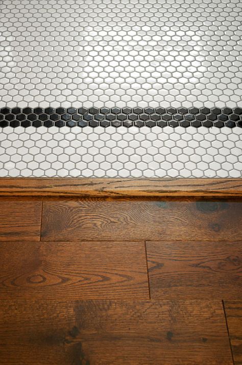 11 Must See Tips for Professional Looking Tile Floors - Pretty Handy Girl White Penny Tile Dark Grout, Vintage Kitchen Floor Tile, Vintage Tile Floor Entryway, Penny Tile Floor Pattern, Hex Floor Tile Bathroom, Penny Tile Entryway, Penny Tile Words, Hexagon Tile Kitchen Floor, Penny Tile Bathroom Floor