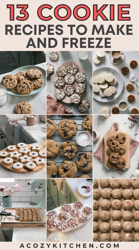 Here are 13 easy cookie recipes that are perfect for doing freezing and baking later. All of these cookies can be made up to the dough and then frozen for later. We have everything from a classic chocolate chip cookie to ones that look like snowflakes. #easyhomemadecookies #freezerfriendlyrecipes Homemade Freezer Cookie Dough, How To Freeze Cookie Dough Balls, Bulk Cookies Recipes, Cookie Dough Freezable, Cookie Dough For Freezing, Freezer Chocolate Chip Cookie Dough, Storing Cookie Dough, Cookies Good For Freezing, Cookie Party Cookie Ideas