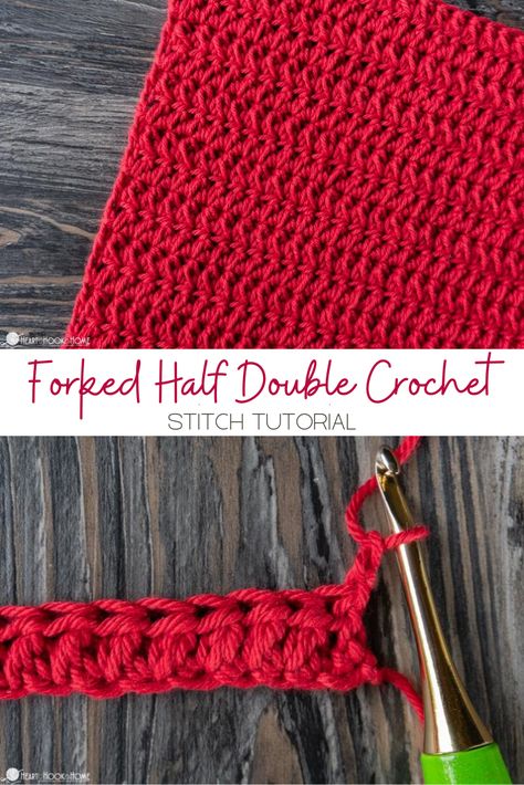 The Forked Half Double Crochet stitch is so pretty. By forking the stitch, you also get a lovely effect that gives great texture and visual appeal. Knotted Half Double Crochet, Crochet Half Double Stitch, Half Double Crochet Stitch Tutorial, Double Crochet Stitch Tutorial, Crochet Stitch Tutorial, Crochet Classes, Half Double Crochet Stitch, Dishcloth Crochet Pattern, Crochet Stitches Free