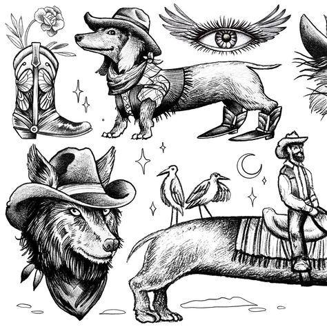 Move over lil dog cause the big dogs movin in 🐶🤠 #moveitonover #cowboyhat #cowboyboots #cowboydog #cowboyart #westernart #cowboytattoo #dogtattoo #cattattoo #pettattoo #dogart #catart #calgarytattoo #albertatattoo #tattooflash #flashsheet #flashart #illustrationtattoo #illustrationartists #tattoodesigns #tattoodrawing #tattooideas Animals With Cowboy Hats Tattoo, Cowboy Cat Tattoo, Cowboy Hat Tattoo, Cowboy Tattoo, Cowboy Dog, Cowboy Tattoos, 2024 Planner, Cowboy Art, Dog Tattoo