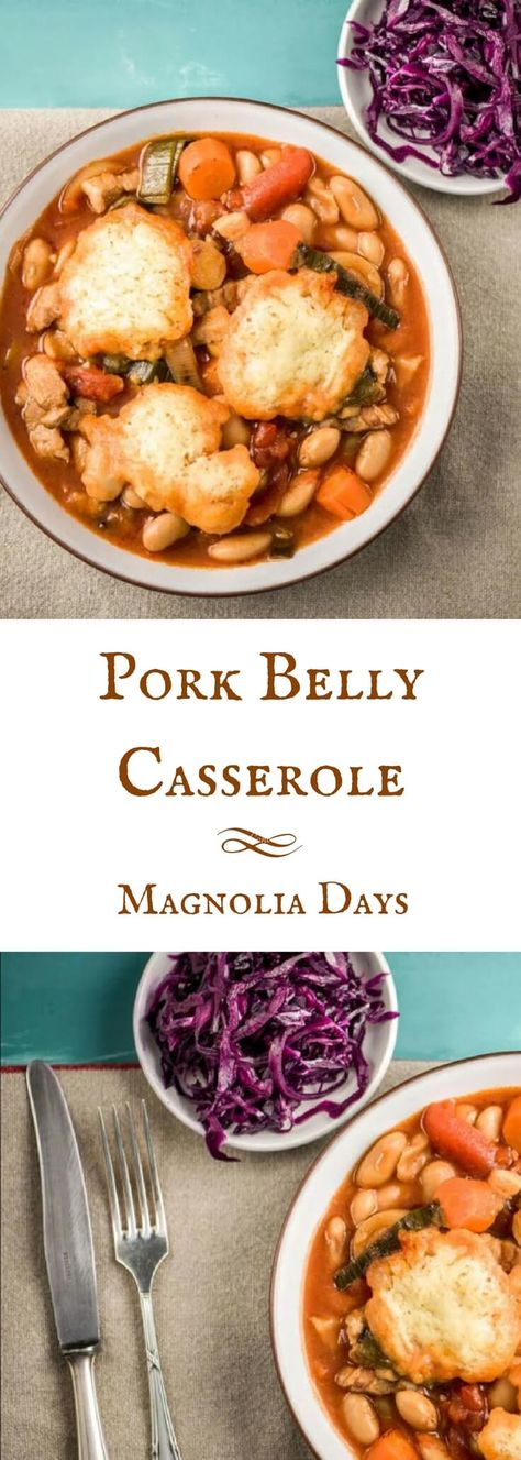 Pork belly casserole is richly flavored with pork belly, beans, tomatoes, and red cabbage, all topped with delicious dumplings. via @magnolia_days sponsored by HelloFresh Pork Belly Casserole, Delicious Casserole Recipes, Fat Loss Meals, Baked Meals, Skillet Pork Chops, Fat Loss Recipes, Organic Meals, Casseroles Recipes, Yummy Casserole Recipes