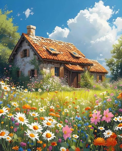 House Digital Art, Cottage Core Art, Cottage Art, Landscape Art Painting, Art Gallery Wallpaper, Building Art, Tableau Art, Flower Art Images, Nature Art Painting