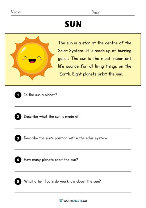 The Sun Activities For Kids, Sun Worksheets For Kids, Sun Facts For Kids, What Is Solar System, Sun Worksheet, Strawberry Project, Planets Orbit, Class Worksheets, Article Grammar