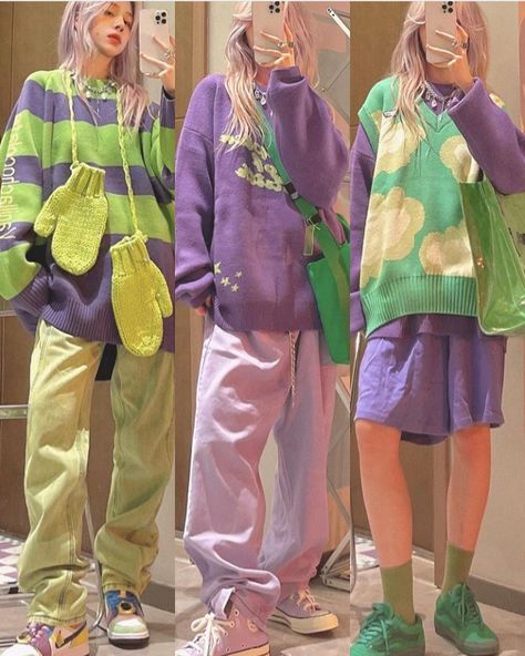 Pastel Baggy Outfits, Funky Fashion Outfits, Pink And Green Outfits, Aesthetics Outfits, Aesthetic Fall Outfits, Colorful Streetwear, Colorful Grunge, Fall Aesthetics, Street Outfits