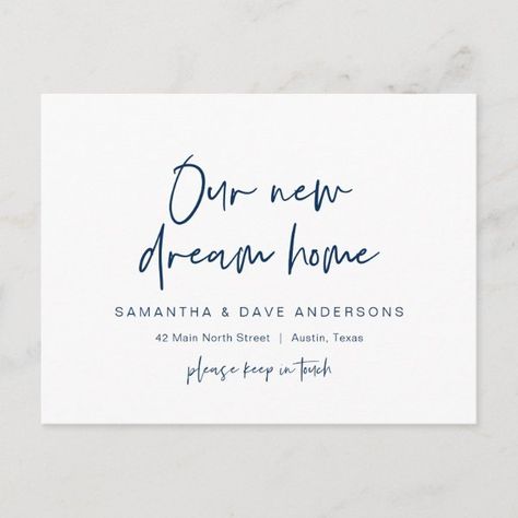 Modern minimalist, New Home Address Announcement Postcard Minimalism House, Moving Announcement, Blue Font, Moving Announcements, Modern Minimalist Design, School Notebooks, Change Of Address, Free Birthday Invitations, Free Birthday Invitation Templates