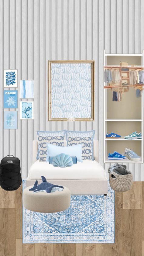 #coastal#blue#room#bedroom#room inspo#cutiee Blue Preppy Bedroom, Teen Bedroom Lights, Blue Room Ideas, Blue Coastal Bedroom, Preppy Bedroom, Coastal Room, Coastal Granddaughter, Blue Room, Coastal Bedroom