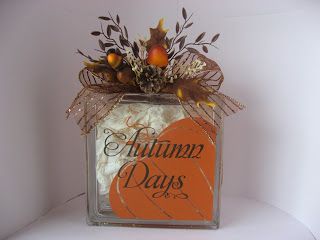 Glass Box Ideas, Fall Craft Night, Autumn Centerpieces, Autumn Items, Painted Glass Blocks, Greek Ideas, Fall Jars, Decorative Glass Blocks, Fall Blocks