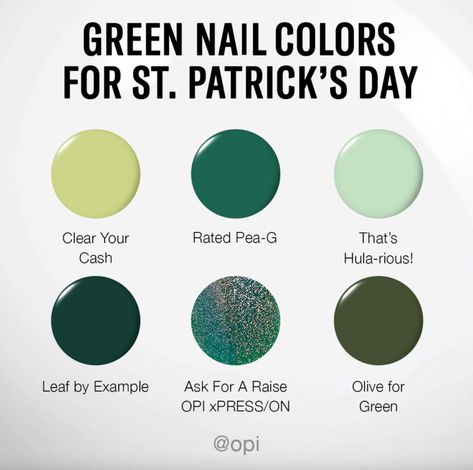 Wherever you go and whatever you do, may these green nail shades bring luck to you 🍀  Embrace a pastel mint or a deep iconic evergreen shade this Saint Patrick’s Day & know that luck is at your fingertips 💚💅 #OPI #SaintPatricksDay #GreenManicure #GreenNails Green Nails For St. Patrick’s Day, Green Nail Shades, Opi Green Dip Powder, Green Opi Gel Polish, Opi Greens, Opi Green Nail Polish Shades, Opi Green Nail Polish, Green Nail Colors, Opi Green