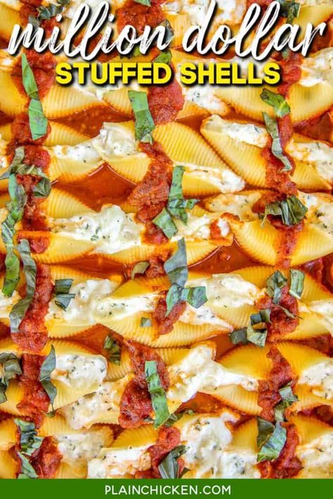 Million Dollar Stuffed Shells - Plain Chicken Cottage Cheese Cream Cheese, Best Stuffed Shells, Jumbo Shells Stuffed, Baked Stuffed Shells, Jumbo Shells, Casserole To Freeze, Shells Stuffed, Sopapilla Cheesecake, Chicken Tetrazzini