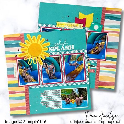 Crafty Concepts With Erin on Instagram: "There’s nothing quite like a bright and fun color palette to match the energy of summertime memories.   I created this double page scrapbook layout on my YouTube channel and shared tips for using basics shapes to stretch your embellishment clusters when you need a little something more.   This layout features the gnomes for Summer scrapbooking collection from  @stampinupofficial, a CTMH branded kit, and a sketch from the fabulous sketchbook from @cdt_creatives.   if you have not had a chance to check out the video, I’d love for you to stop by 😃   #scrapbooking #scrapbooklayout #memorykeeper #ctmhgnomesforsummer" Water Park Scrapbook Layouts, Pool Scrapbook Layouts, Creative Memories Layouts, 2 Page Scrapbooking Layouts, Embellishment Clusters, Ctmh Scrapbooking Layouts, Fun Color Palette, Traditional Scrapbooking, Summer Gnomes