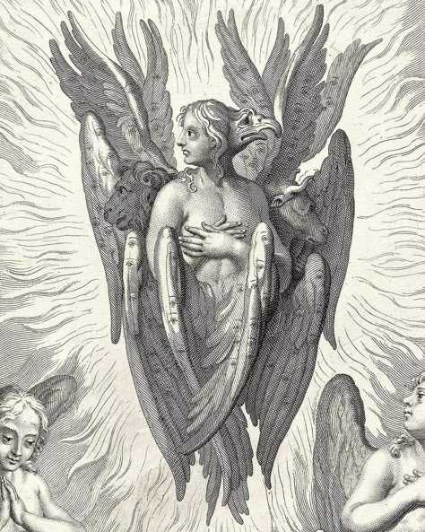 Three types of Cherubim (detail) - Frans van Bleyswyck, 1732. Angelology Aesthetic, Dominion Angel, Seraphim Aesthetic, Angel Lore, Scary Angel, Cherubim Angels Tattoo, Biblical Angel, Visual Elements Of Art, Dante Inferno