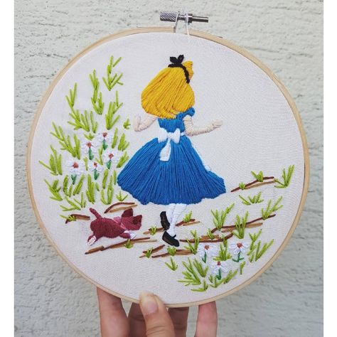 My first sale 💖 Alice moved across the ocean to the United States 🌊 I am so thankful and beyond happy that there are people who love what I… Alice In Wonderland Embroidery Patterns, Cross Stiching Ideas, Alice In Wonderland Embroidery, Alice In Wonderland Crochet, Embroidering Ideas, Alice In Wonderland Crafts, Embroider Ideas, Embroidery Stitches Beginner, Baby Cross Stitch Patterns