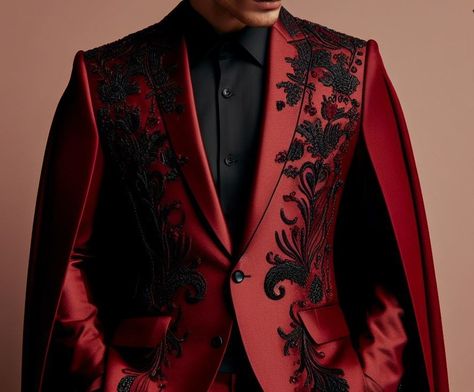 made by AI Mens Formal Suit Ideas, Opera Outfit Men, Red Suit Aesthetic, Red Suit Men, Masquerade Suit, Red And Black Suit, Red Tux, Unique Suits, Red Velvet Blazer