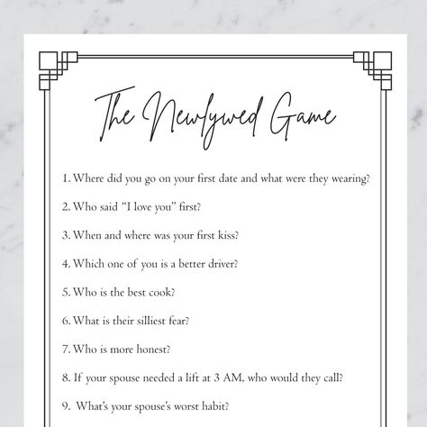 Liven up the party with this Newlywed game! 5x7 Total of 12 questions! Have the maid of honor, best man, bridesmaids, groomsmen (or just anyone really) read the questions to the happy couple. . Enjoy recalling memories and sharing them with the whole family! Want the guests to play a game as well? Check out my Guess Who Said It Bride or Groom game here > https://etsy.me/3HQuOgh If you need more things for the big day please check out my Wedding section in my shop! ------------------------------------------------ Receive these digital files within minutes of purchase, and print them from home or to a local print shop. Perfect if you are short on time and need last minute designs! What are the benefits of going digital? You have access to PDF files within minutes of purchase, and you can dec Wedding Couple Games Receptions, Bachelorette Newlywed Game, Newly Wed Games Questions, Newlywed Game Questions Couples, Newly Wed Game Questions Couple, Not So Newlywed Game Questions, Free Bachelorette Party Games, Wedding Games For Reception, Bride Or Groom Game