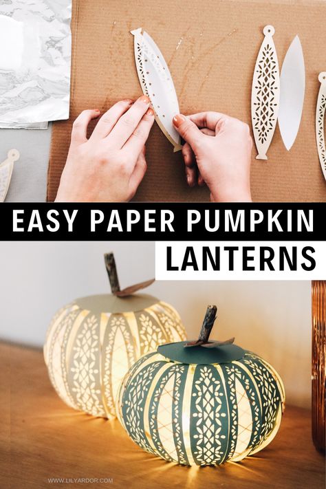 Cricut Lantern Projects, Paper Pumpkin Lanterns Diy, Cricut Paper Lantern Free, Pumpkin Lantern Svg Free, Pumpkin Luminaries Diy, Autumn Cricut Ideas, Pumpkin Paper Lanterns, Paper Pumpkin Lantern, Paper Pumpkins Diy