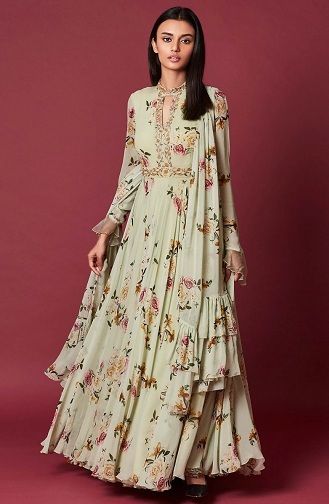 Floral Georgette Anarkali Dress Printed Gowns Indian, Floral Kurta Designs Women, Floral Gowns Indian, Floral Print Anarkali Dress, Chiffon Anarkali Dress, Floral Anarkali Dresses, Printed Georgette Dress, Green Anarkali Suits, Printed Anarkali Suits