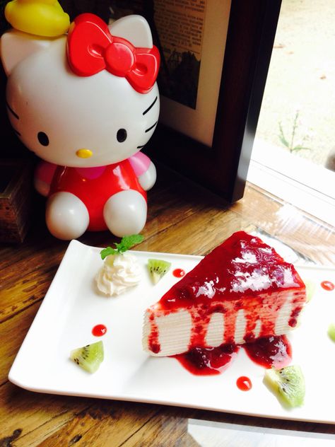 Crepe cake at RilakCafe, Ching mai, Thailand Crepe Cake, Food Drinks Dessert, Thailand, Hello Kitty, Kitty, Cake, Quick Saves