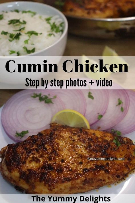 close-up of cumin chicken served on a white plate. Casadia Recipe, Cumin Recipes, Quick Recipe Videos, Cumin Chicken, Chicken Dinner Recipe, Pan Chicken Recipes, Chicken Recipes Boneless, Favorite Recipes Chicken, Pan Fry